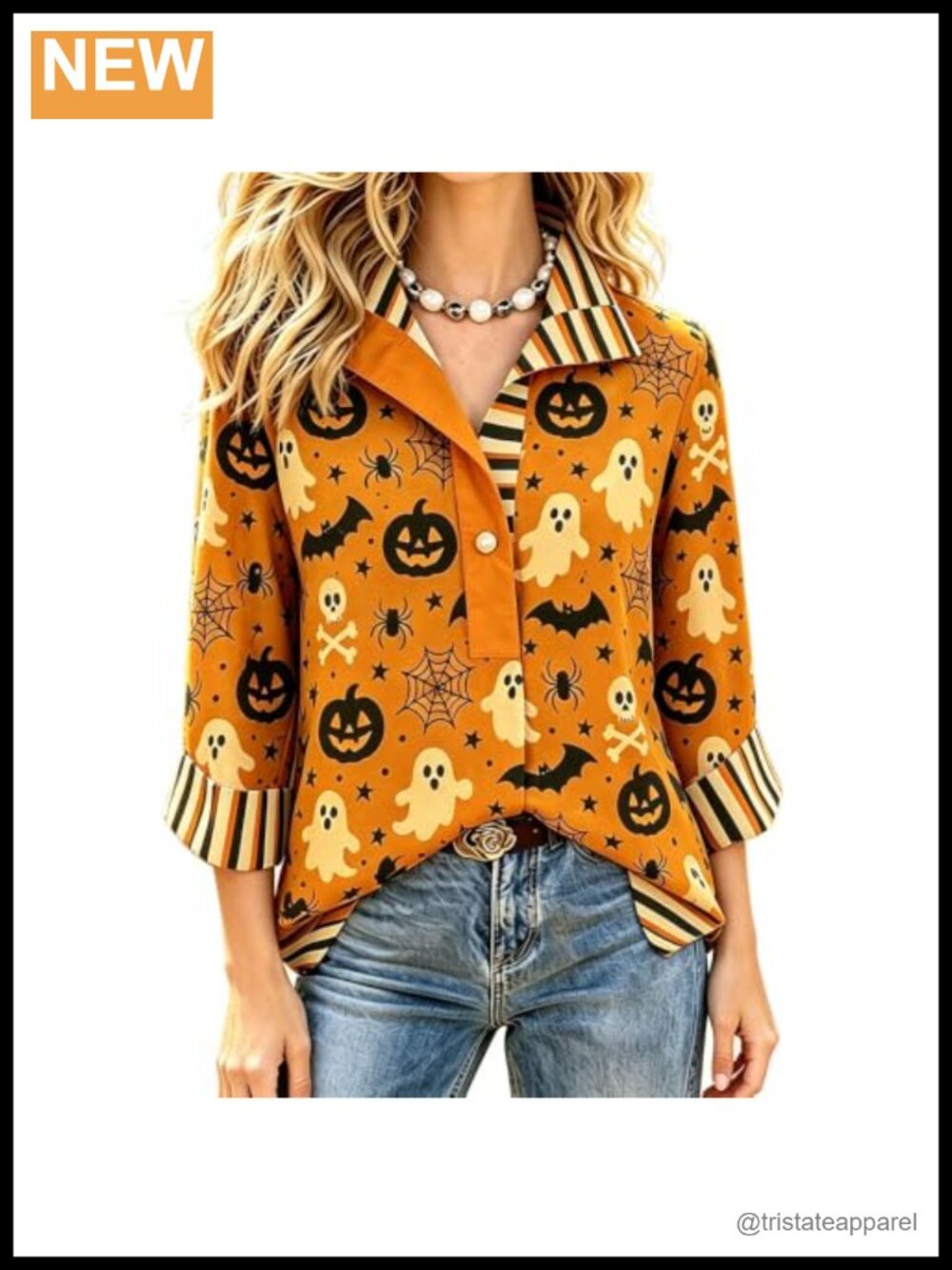 Striped Halloween Blouse with Pearl Button 3-4 Sleeve